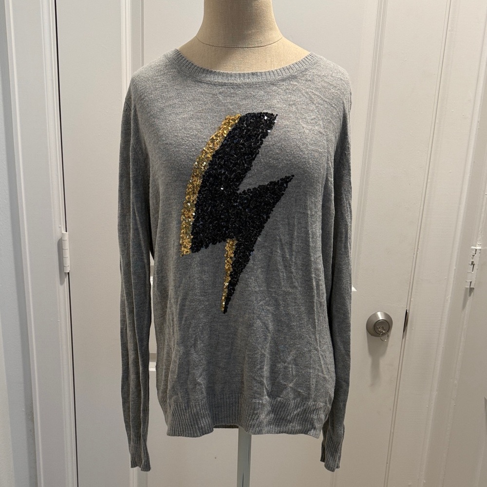 Saks Fifth Avenue Gray Sweater with Black and Gold Lightning Bolt